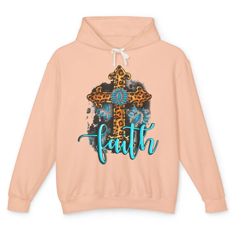 Western Gemstone Leopard Turquoise Cross Faith Jesus God Unisex Lightweight Hoodie