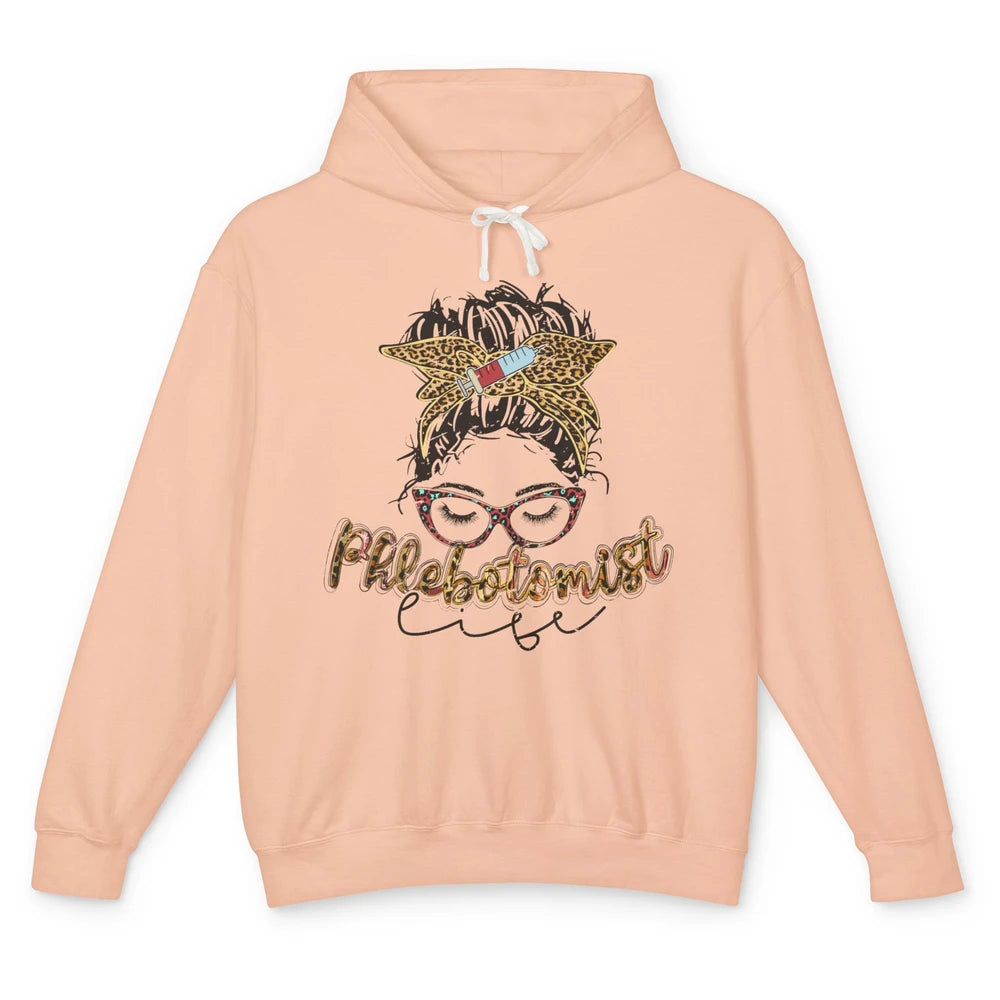 Retro Leopard Phlebotomist Life Messy Bun Mom Phlebotomy Unisex Lightweight Hoodie