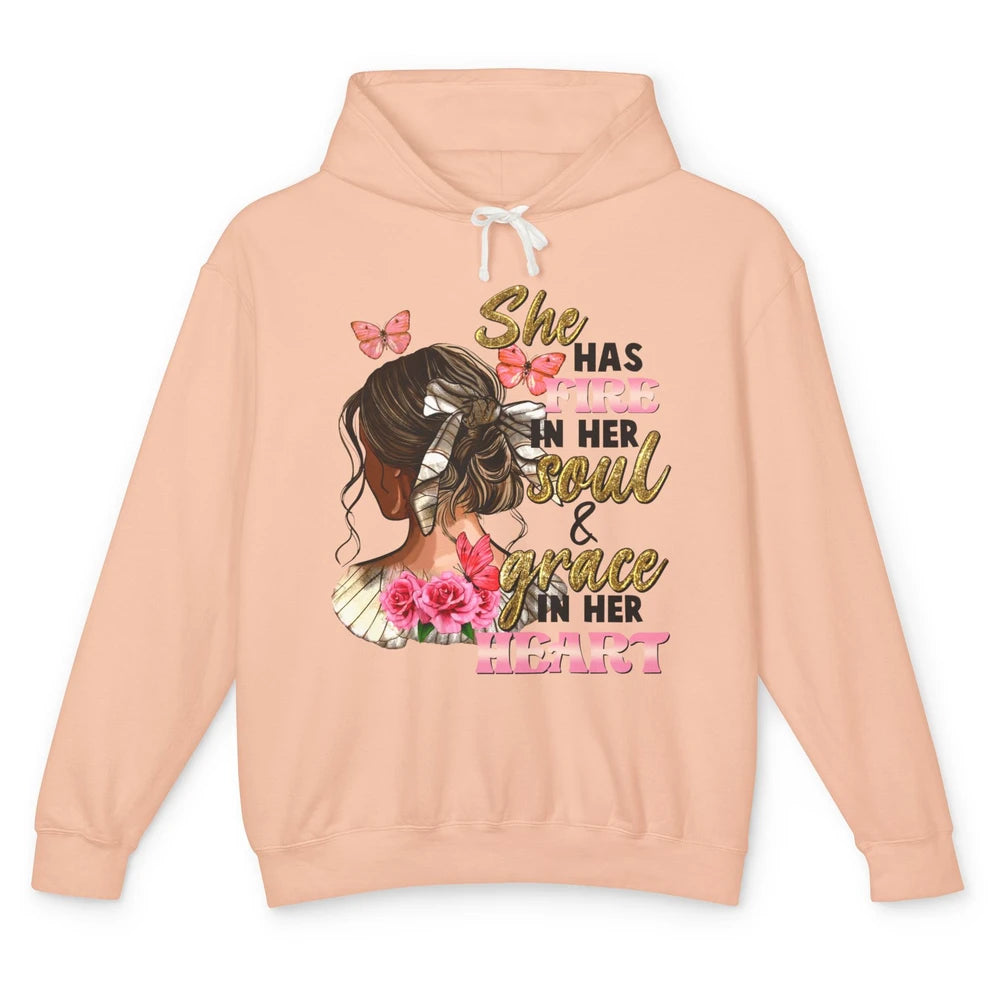 Messy Bun She Has Fire In Her Soul Grace In Heart Christian Unisex Lightweight Hoodie