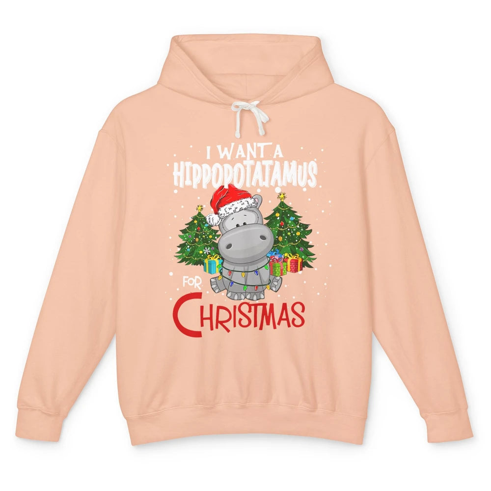 Funny I Want A Hippopotamus For Christmas Tree Hippo Santa Unisex Lightweight Hoodie