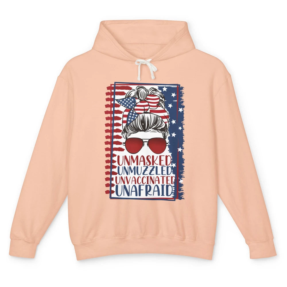 Unmasked Unmuzzled Unvaccinated Unafraid US Flag Messy Bun Unisex Lightweight Hoodie