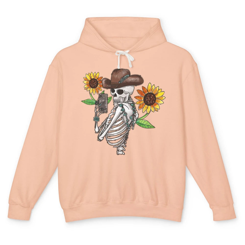 Western Cowboy Hat Skeleton Sunflower Funny Skeleton Selfie Unisex Lightweight Hoodie