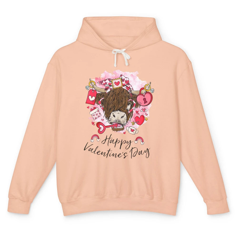 Cute Highland Cow Heart Western Happy Valentine Day Love Unisex Lightweight Hoodie