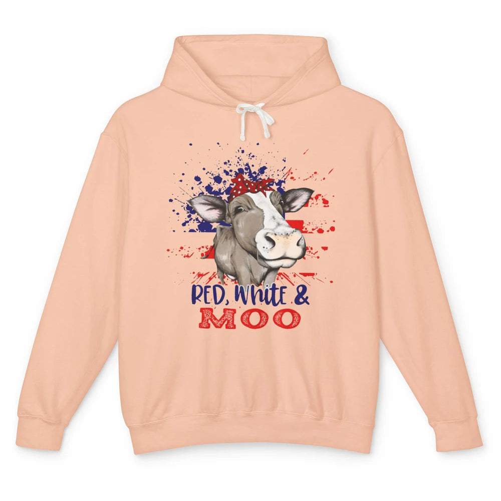 Red White Moo Cow America Flag 4th of July Patriotic Unisex Lightweight Hoodie