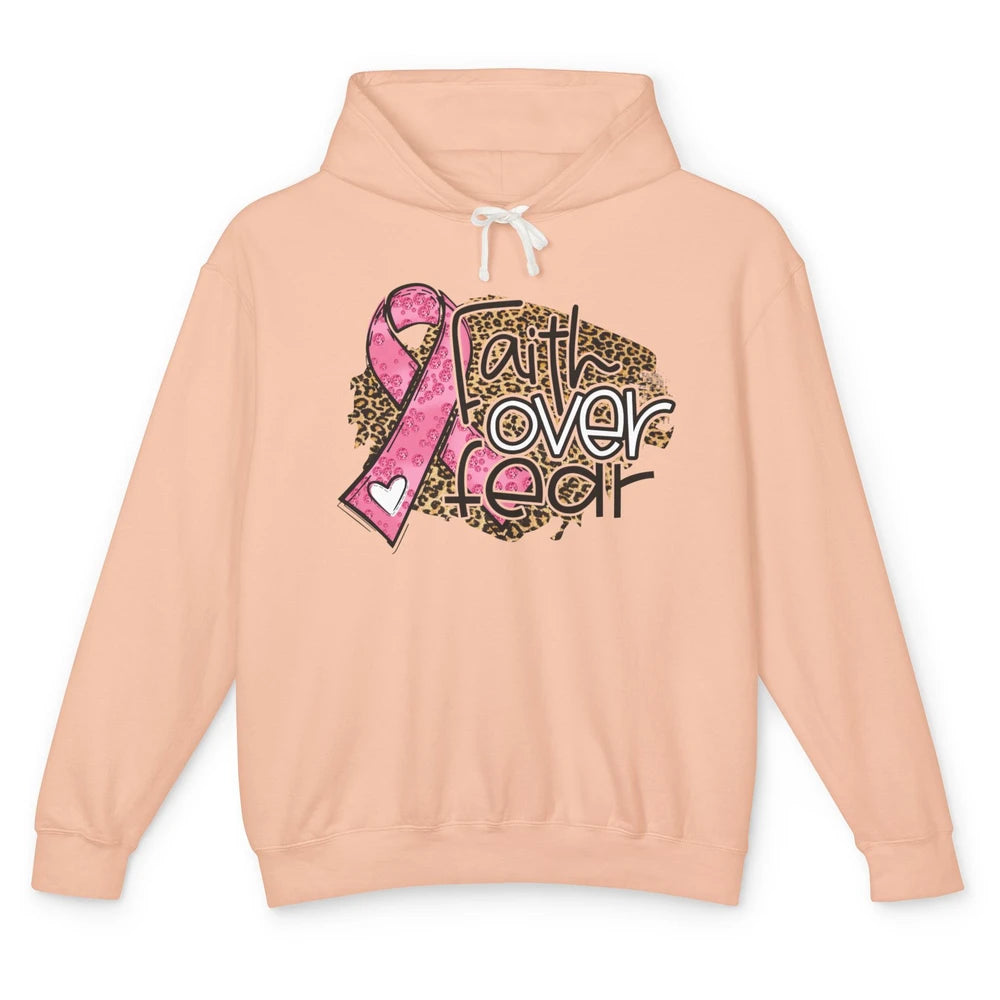 Pink Ribbon Breast Cancer Awareness Faith Over Fear Leopard Unisex Lightweight Hoodie