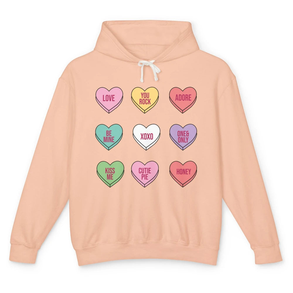 Conversation Hearts Valentines Love Boho V-Day Candy Rainbow Unisex Lightweight Hoodie