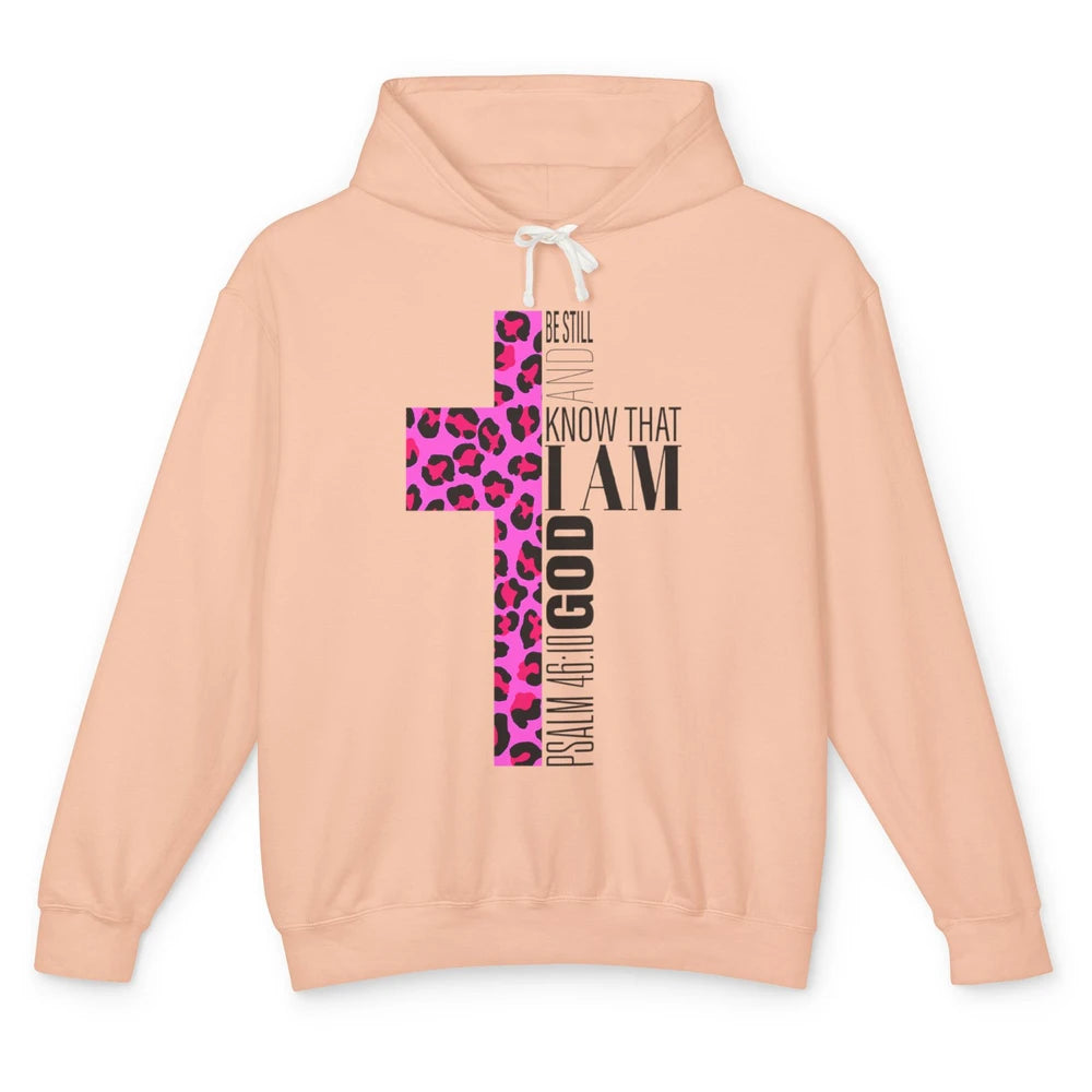 Religious Cute Be Still Bible Christian Pink Cheetah Cross Unisex Lightweight Hoodie