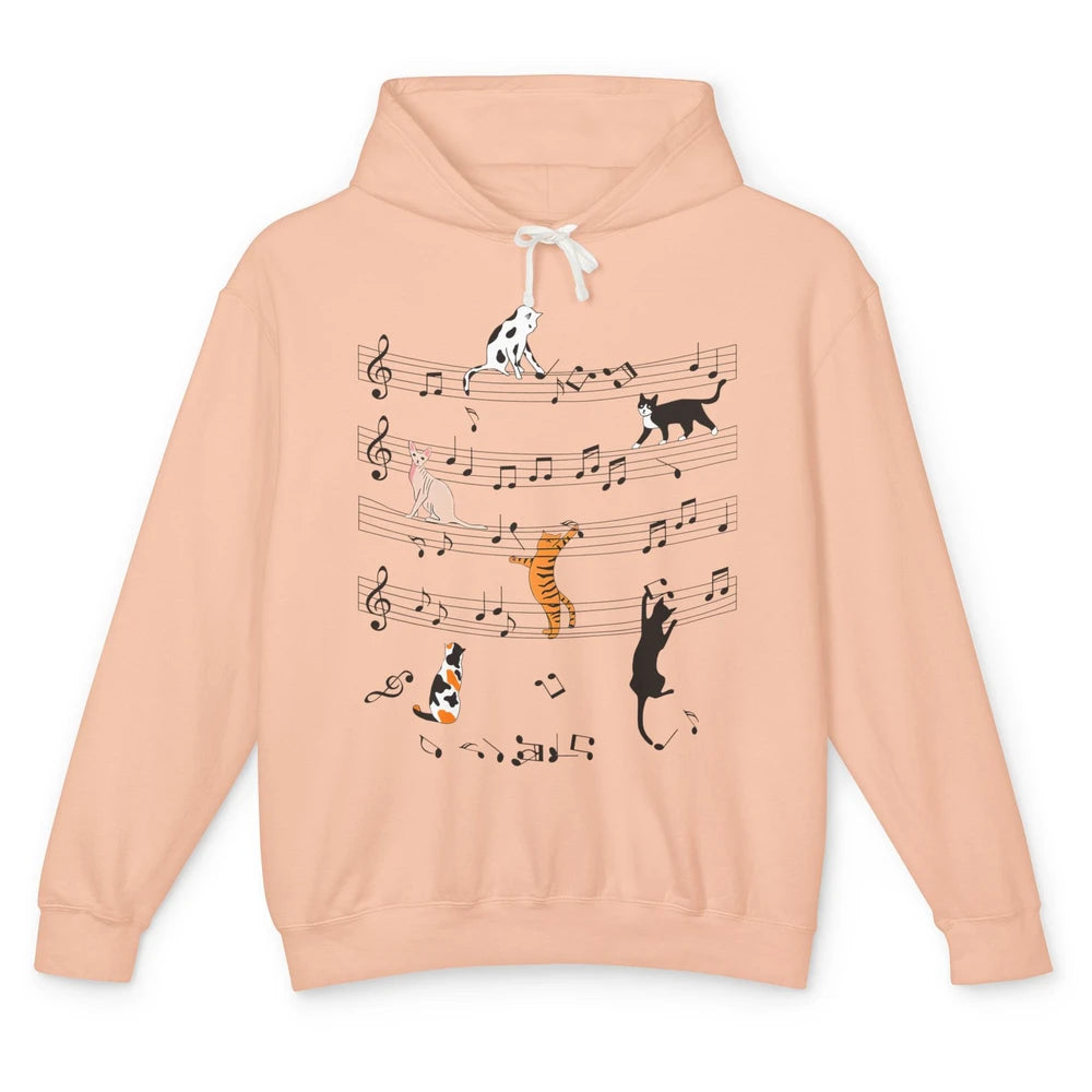 Cat On Music Sheets Cute Music Notes Funny Cat Musician Unisex Lightweight Hoodie