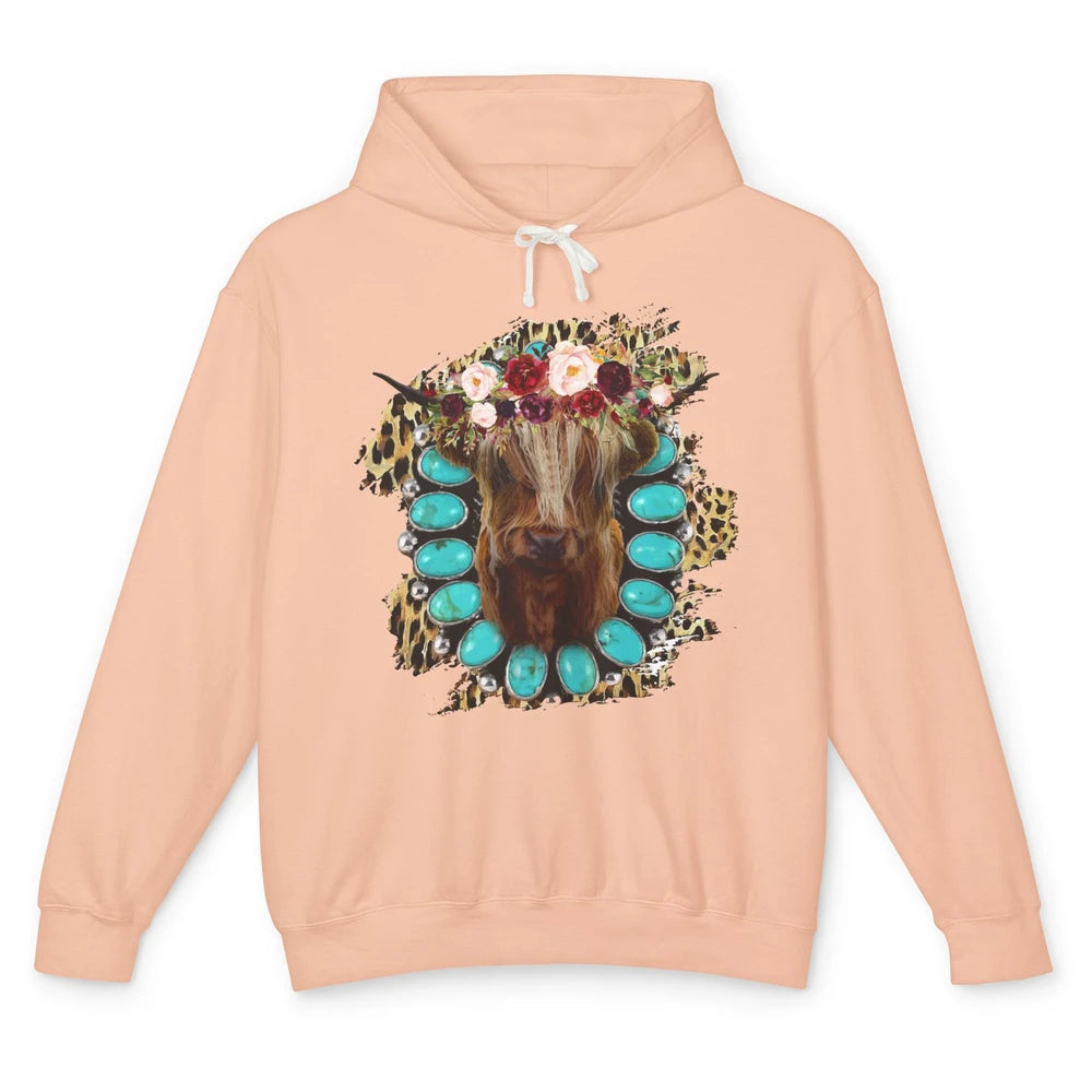 Floral Highland Cow Turquoise Western Country Cowboy Leopard Unisex Lightweight Hoodie