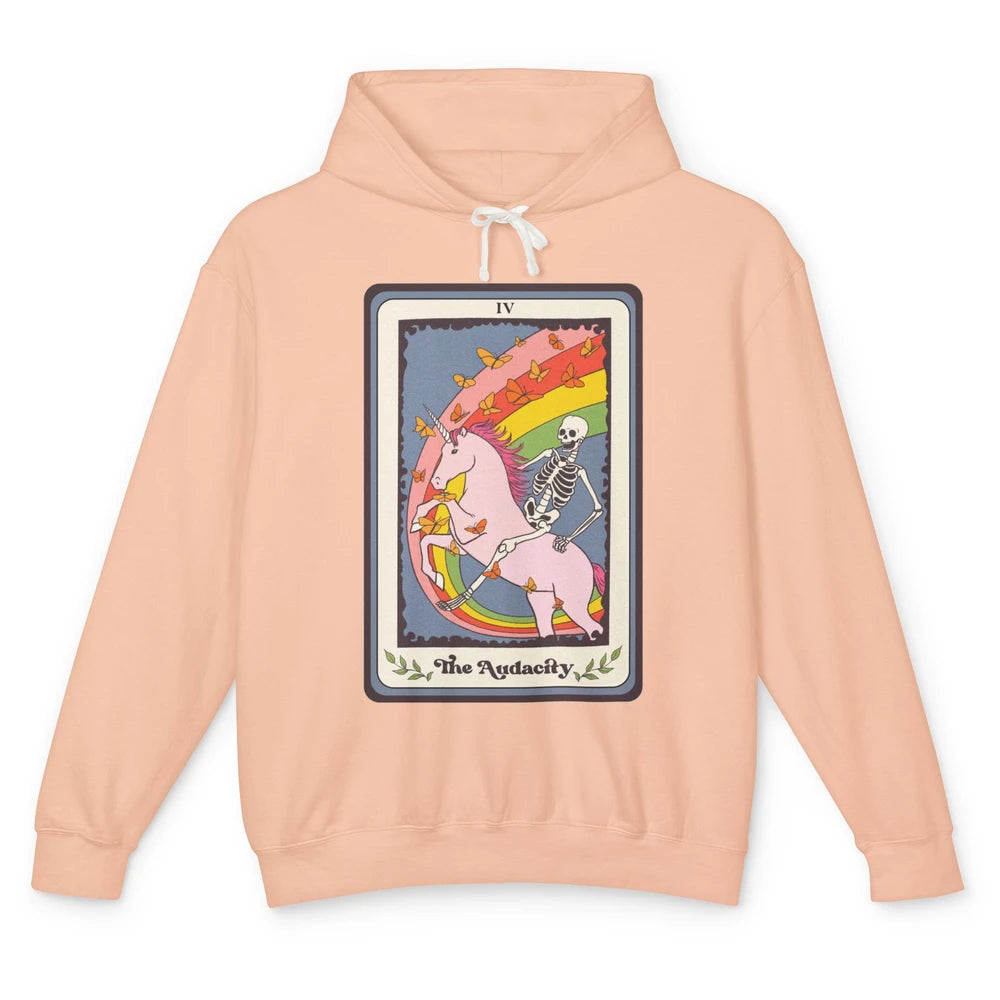 Retro Skeleton Rides Unicorn The Audacity Tarot Card Rainbow Unisex Lightweight Hoodie