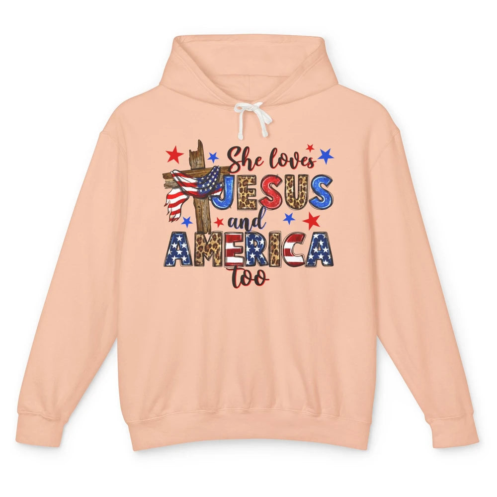 She Loves Jesus And America Too Leopard USA Flag 4th Of July Unisex Lightweight Hoodie