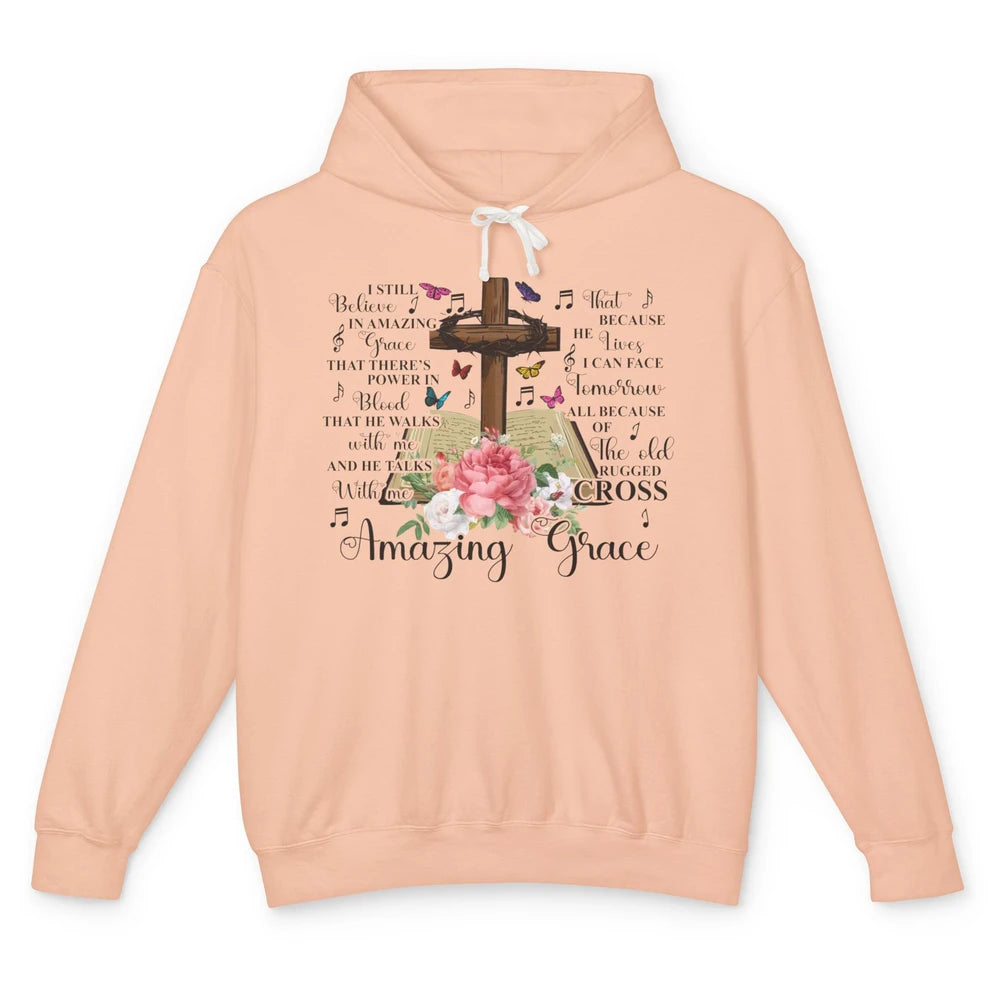 Christian Floral Cross I Still Believe In Amazing Grace Unisex Lightweight Hoodie