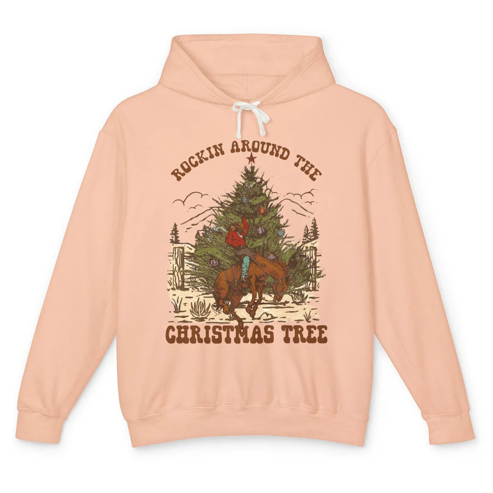 Funny Cowboy Horsing Rocking Around Christmas Tree Western Unisex Lightweight Hoodie