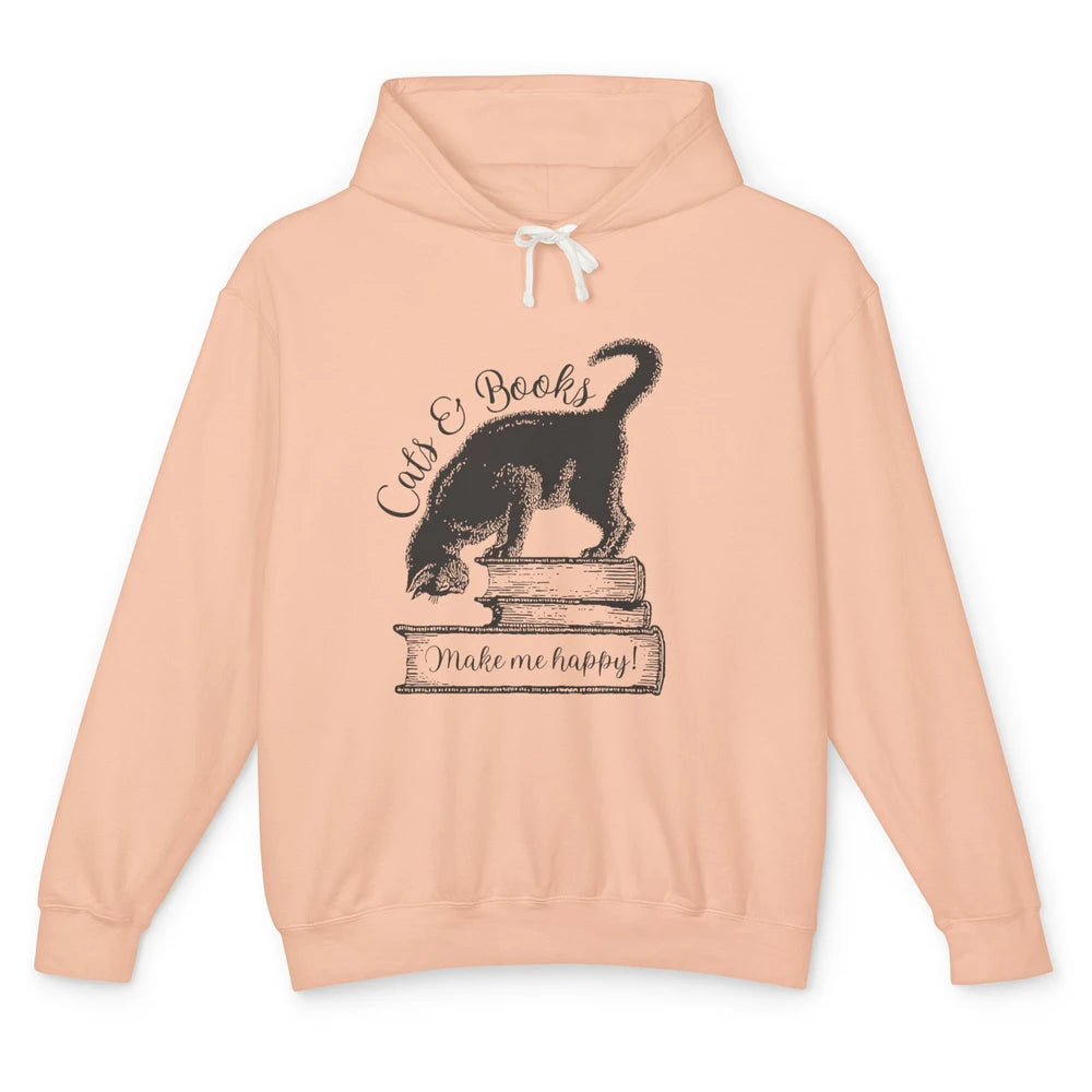 Black Cat Make Me Happy Reading Book Retro Kitten Bookish Unisex Lightweight Hoodie