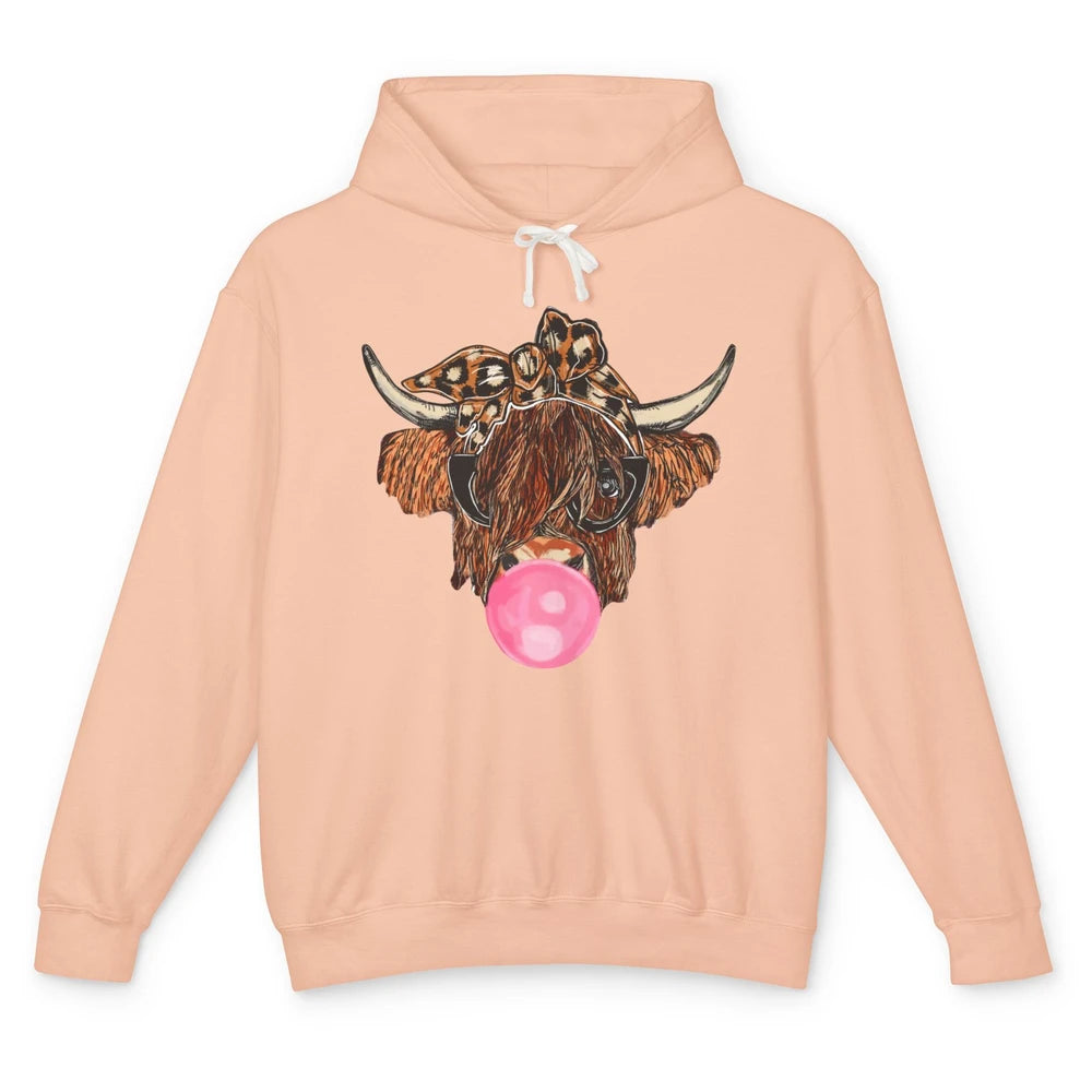 Highland Cow Leopard Bandana Glasses Bubble Gum Western Gift Unisex Lightweight Hoodie