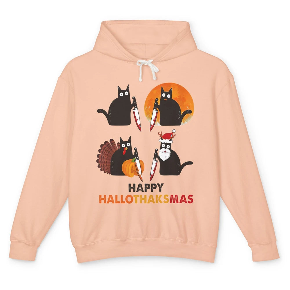 Funny Murderous Cat Turkey Hallo-thank-mas Thanksgiving Xmas Unisex Lightweight Hoodie