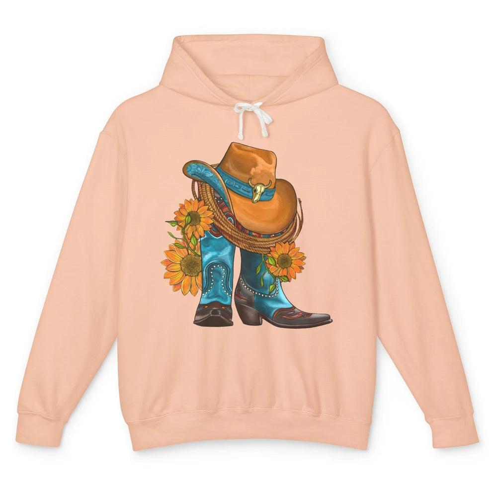 Sunflower Cowboy Boots And Hat Bull Skull Western Country Unisex Lightweight Hoodie