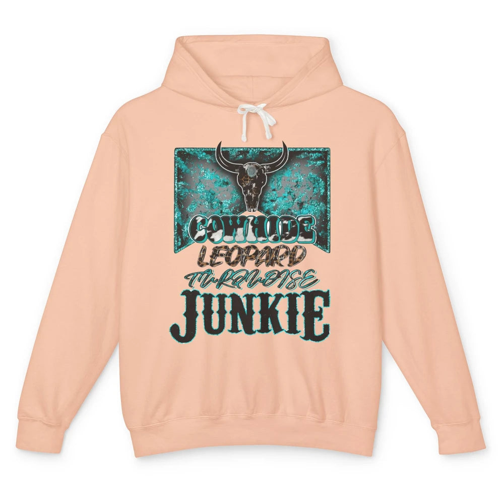 Bull Skull Cowhide Leopard Turquoise Junkie Western Country Unisex Lightweight Hoodie