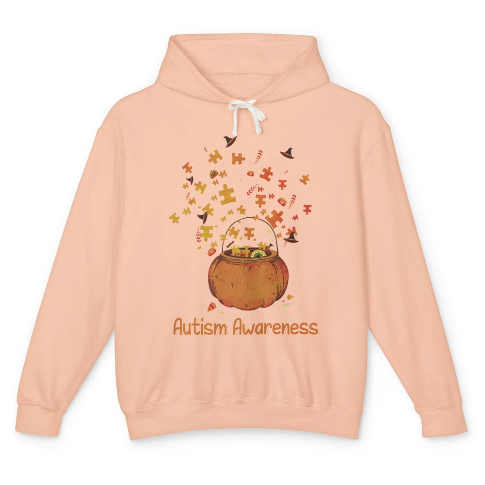 Halloween Autism Awareness Puzzle Piece Pumpkin Fall Unisex Lightweight Hoodie