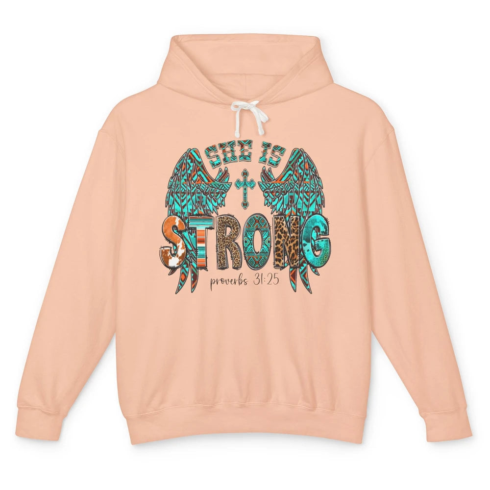 Leopard Turquoise Jesus Cross She Is Strong Bible Christian Unisex Lightweight Hoodie