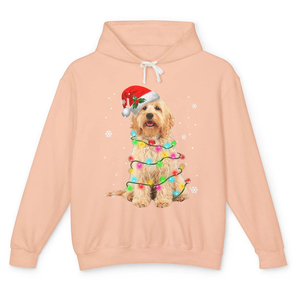 Merry Christmas Golden Doodle Dog Santa Hat Xmas Tree Lights Unisex Lightweight Hoodie