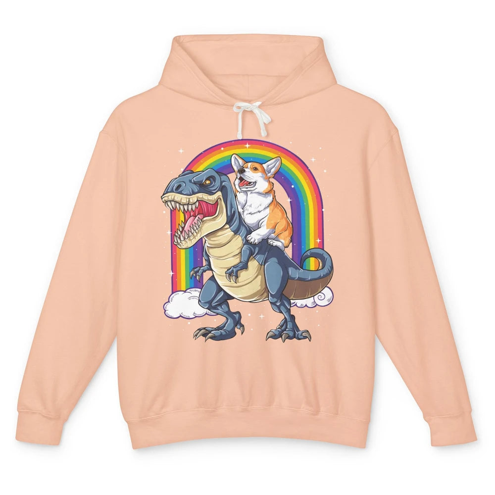 Funny Corgi Ride Dinosaur T Rex Cute Welsh Dog Pet Rainbow Unisex Lightweight Hoodie