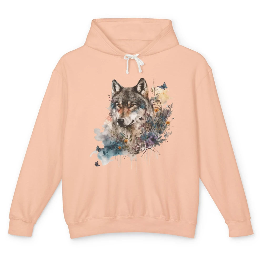 Watercolor Wolf Face Howl Butterfly Wolves Wild Animal Retro Unisex Lightweight Hoodie