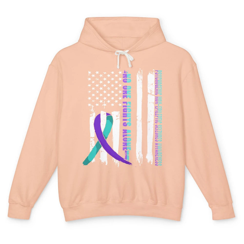 PNES Awareness Purple Teal Ribbon No One Fight Alone US Flag Unisex Lightweight Hoodie