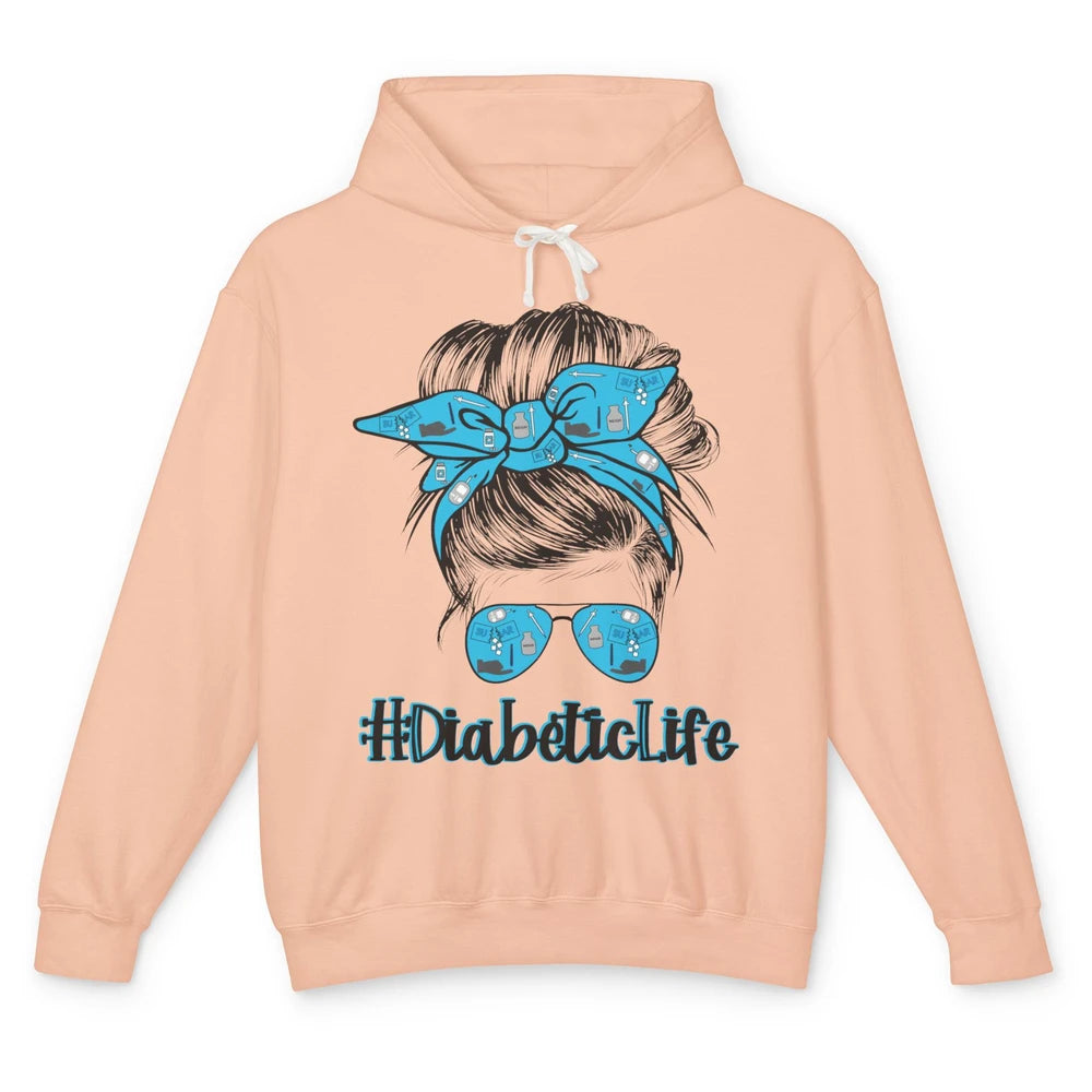 Diabetic Life Mom Messy Bun Blue Ribbon Diabetes Awareness Unisex Lightweight Hoodie