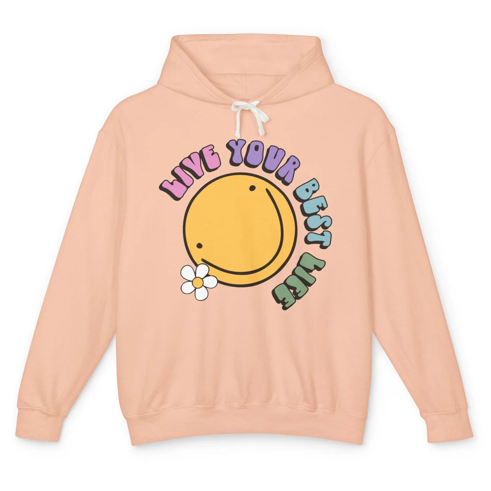 Retro Groovy Smile Face Live Your Best Life Motivational Unisex Lightweight Hoodie