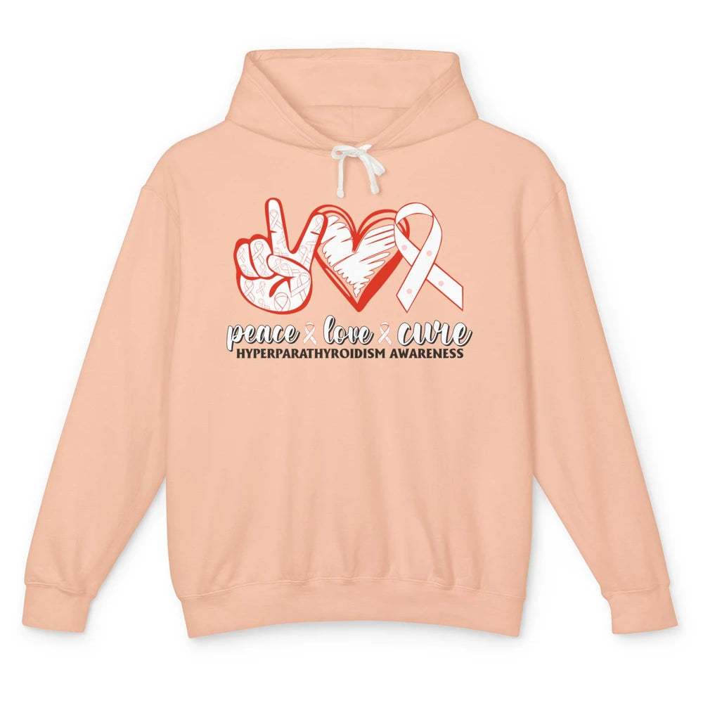 Hyperparathyroidism Awareness Red Ribbon Peace Love Cure Unisex Lightweight Hoodie