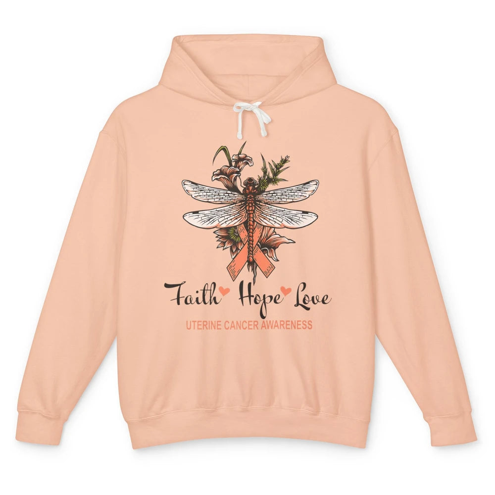 Faith Hope Love Dragonfly Peach Uterine Cancer Awareness Unisex Lightweight Hoodie