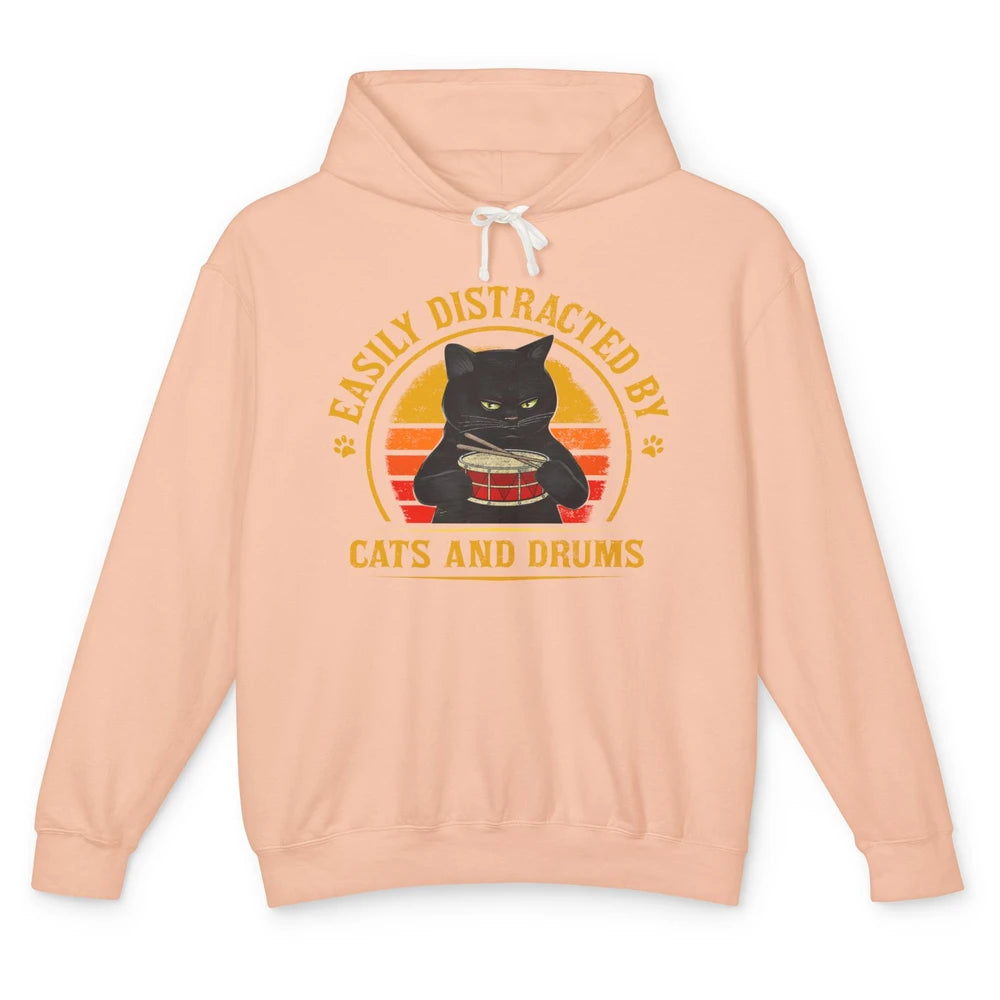 Vintage Black Cat Drummer Easily Distracted By Cat And Drums Unisex Lightweight Hoodie