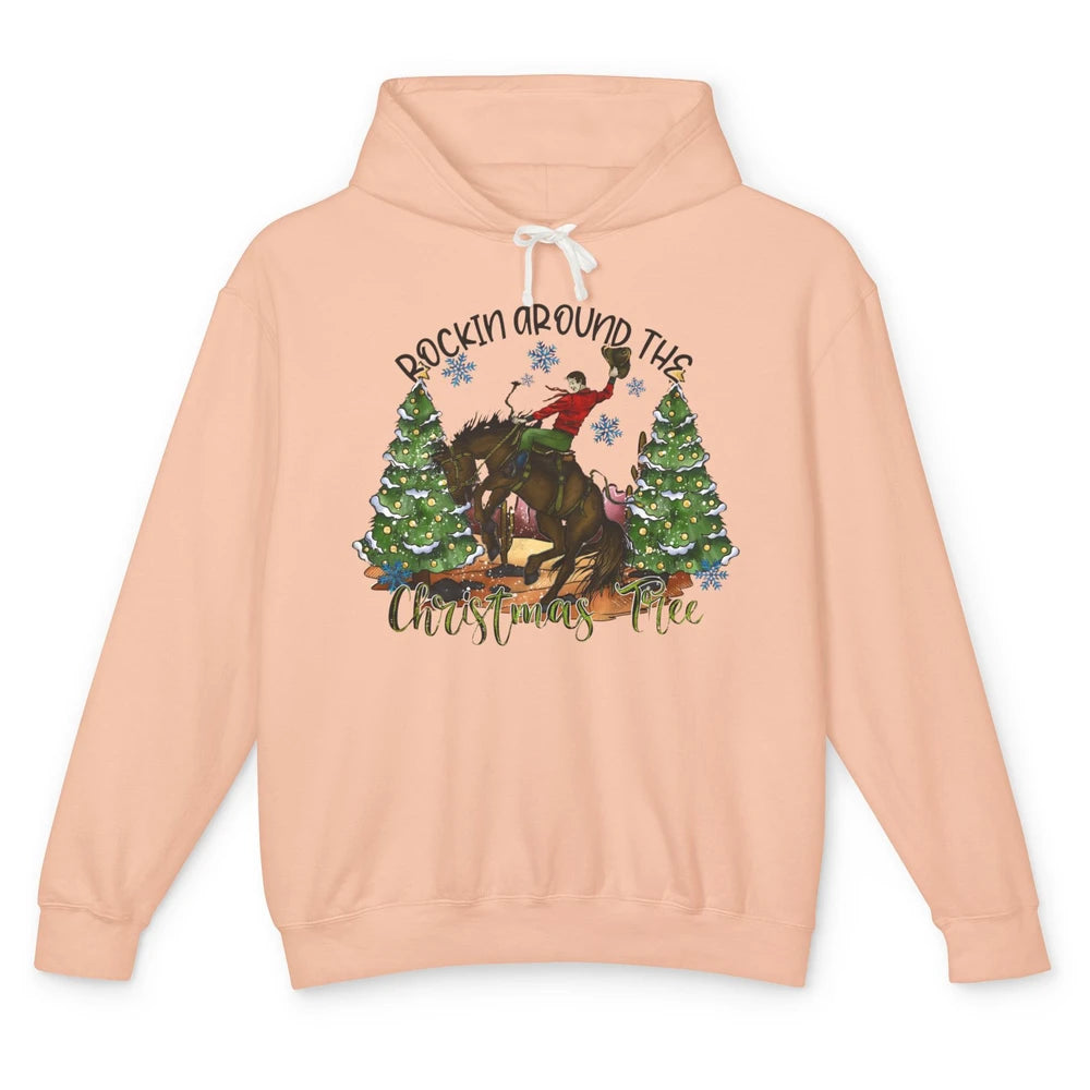 Funny Cowboy Horsing Rocking Around Christmas Tree Western Unisex Lightweight Hoodie