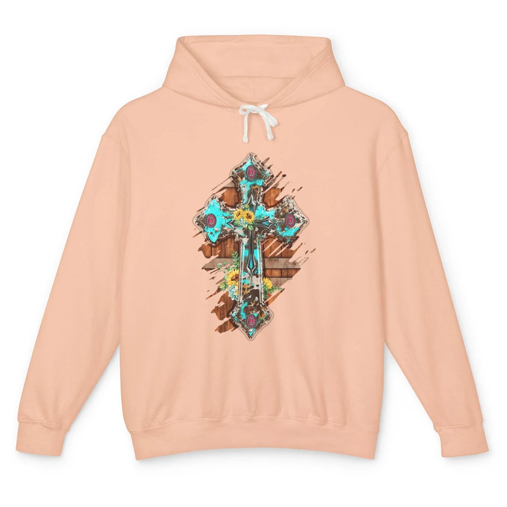 Western Country Boho Christian Turquoise Leopard Faith Cross Unisex Lightweight Hoodie