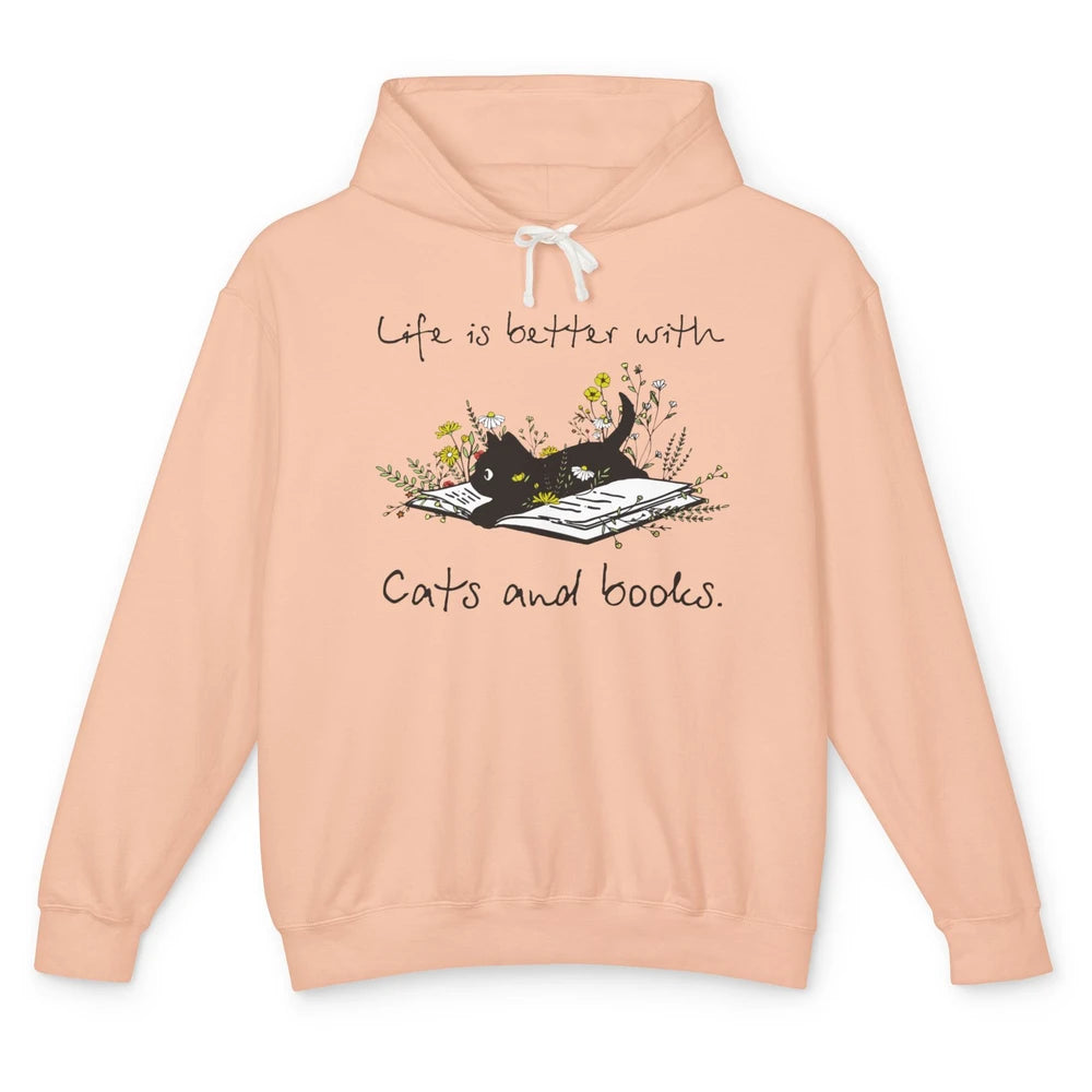 Funny Black Cat And Floral Book Cute Kitten Minimal Flowers Unisex Lightweight Hoodie