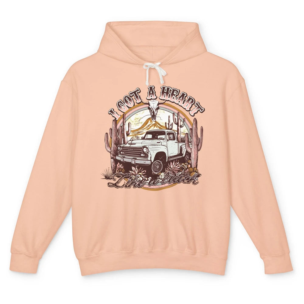 Retro Desert Bull Skull I Got A Heart Like A Truck Western Unisex Lightweight Hoodie