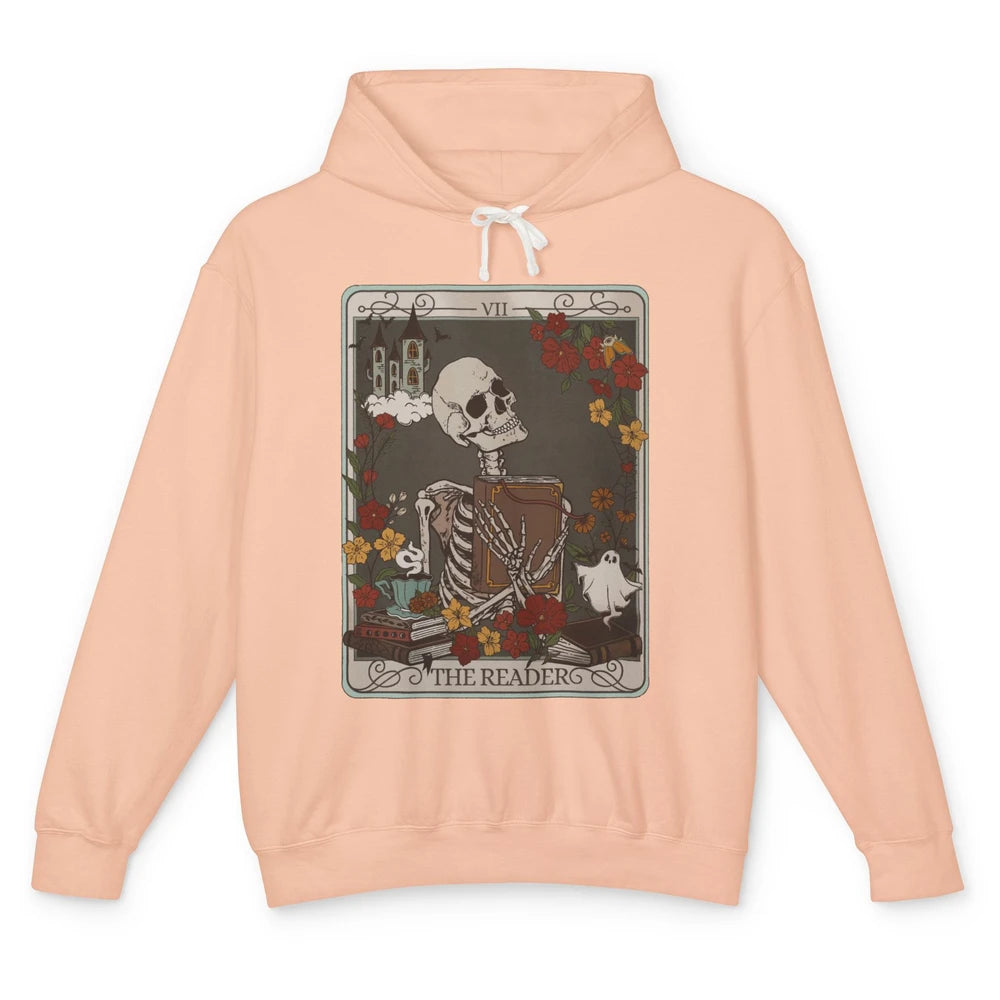 Retro Skeleton Reading Books The Reader Tarot Card Halloween Unisex Lightweight Hoodie