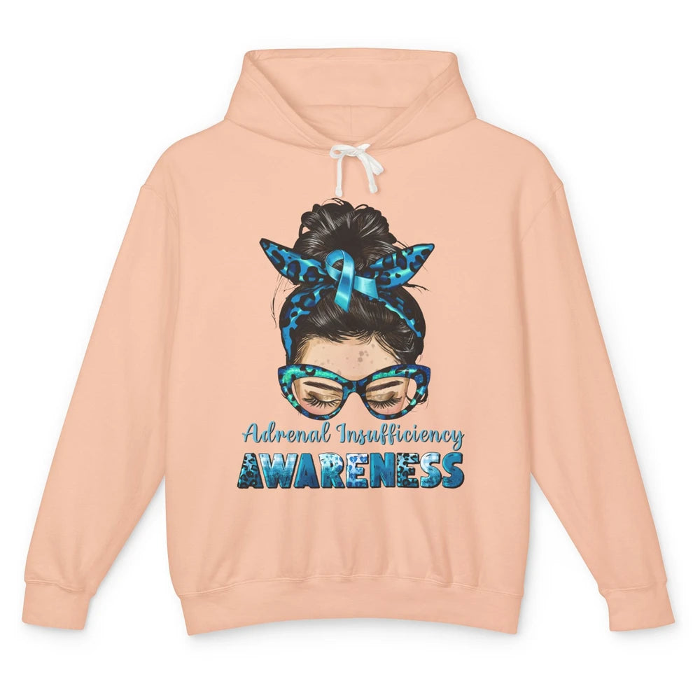 Adrenal Insufficiency Awareness Messy Bun Mom Blue Ribbon Unisex Lightweight Hoodie