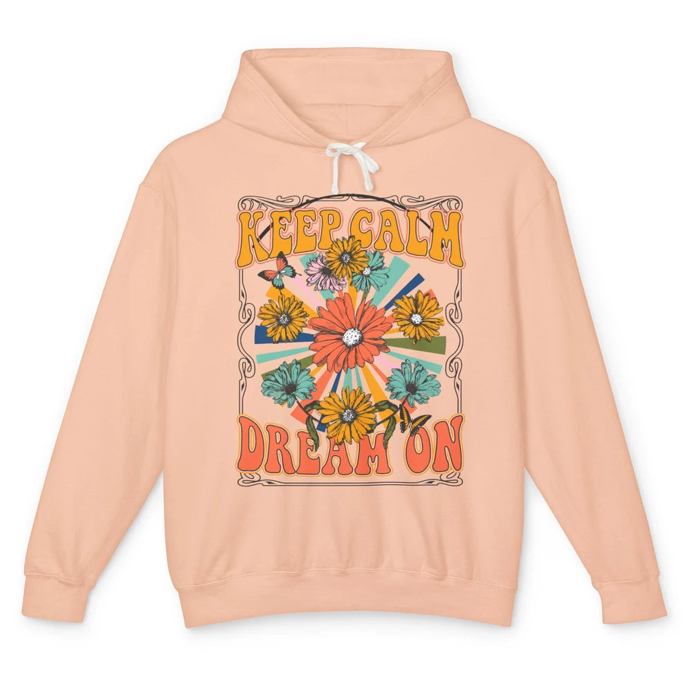 Retro Floral Rainbow Keep Calm Dream On Peace Hippie Girl Unisex Lightweight Hoodie