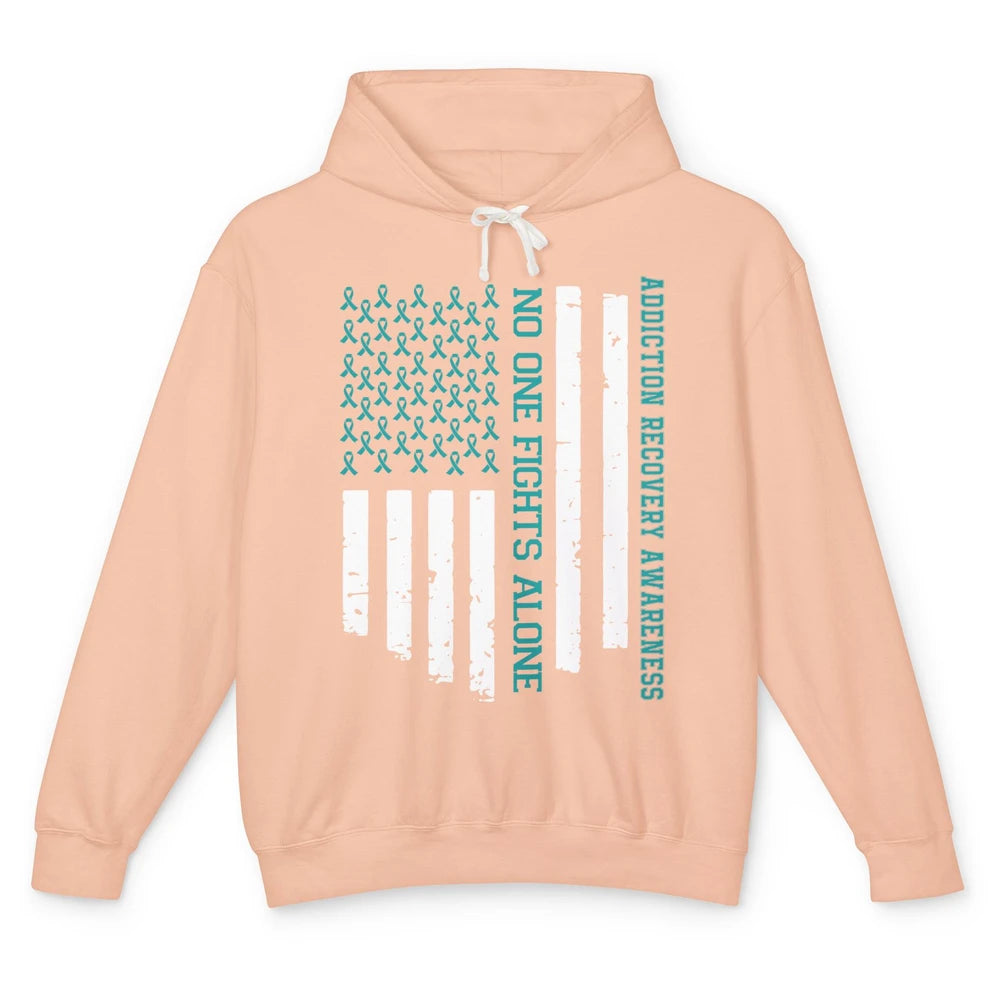 Addiction Recovery Awareness Teal Ribbon No One Fiht Alone Unisex Lightweight Hoodie