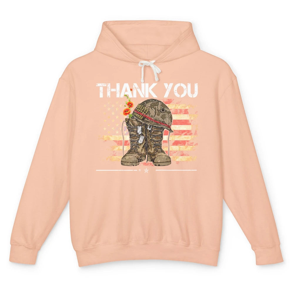 Vintage Veteran US Flag Thank You Military Boot Memorial Day Unisex Lightweight Hoodie