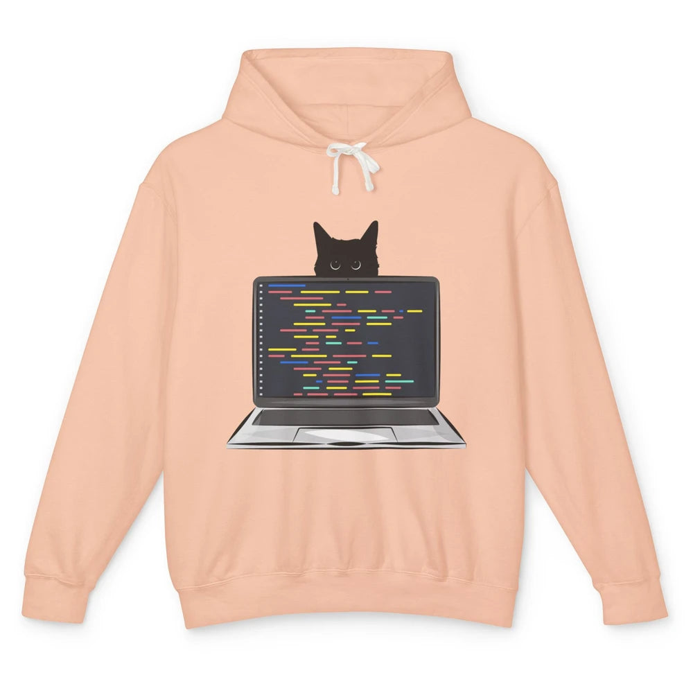 Funny Software Engineer Black Cat Coding Computer Code Humor Unisex Lightweight Hoodie