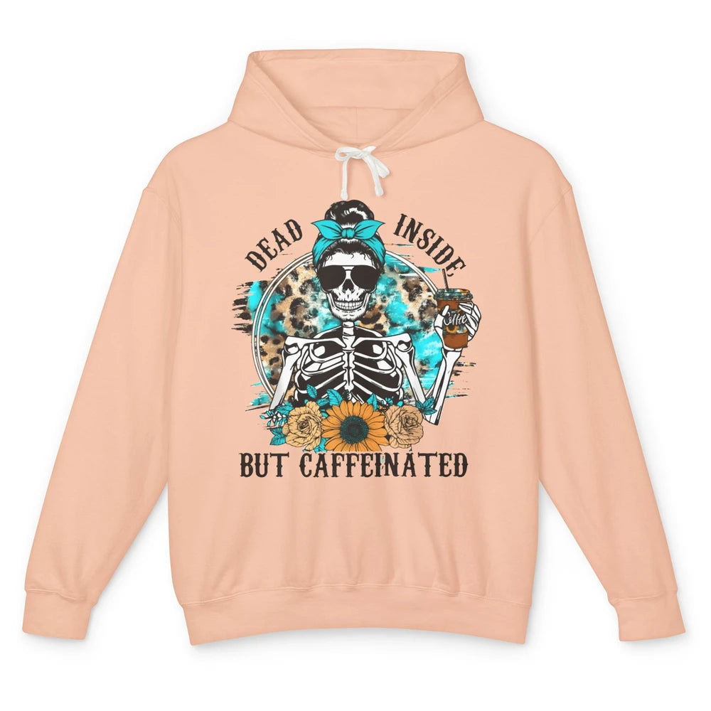 Funny Messy Bun Skull Dead Inside But Caffeinated Halloween Unisex Lightweight Hoodie