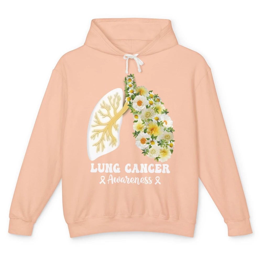 Floral Lung Cancer Awareness Warrior Wildflower White Ribbon Unisex Lightweight Hoodie