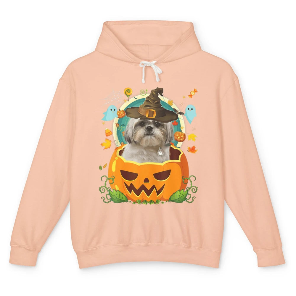 Funny Shih Tzu Dog Witch Hat Pumpkin Halloween Spooky Season Unisex Lightweight Hoodie