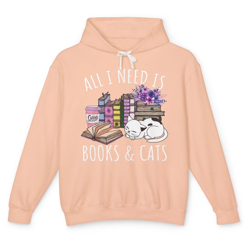 All I Need Is Books And Cats Floral Coffee Bookish Reading Unisex Lightweight Hoodie