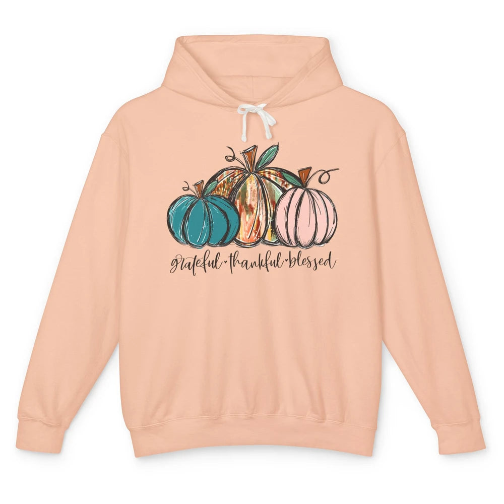 Grateful Thankful Blessed Doodle Pumpkin Fall Thanksgiving Unisex Lightweight Hoodie