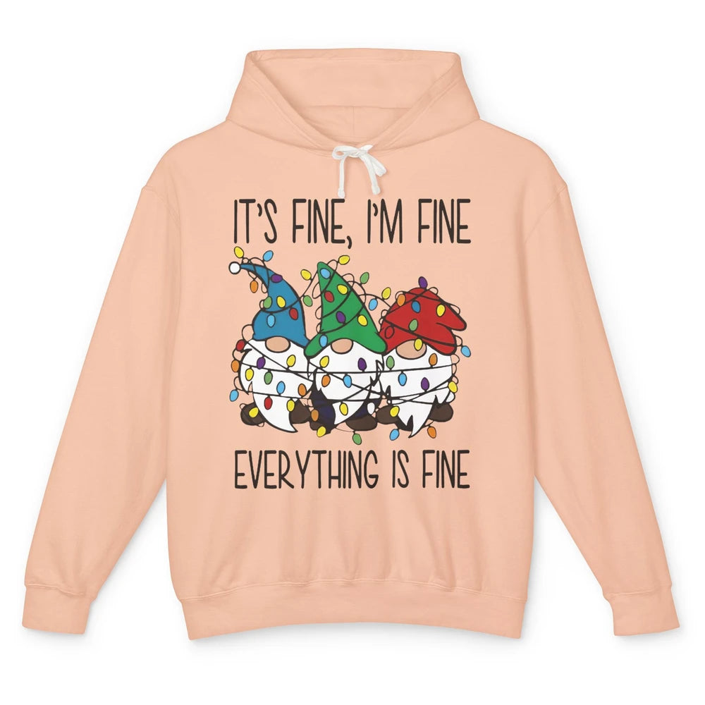 Funny Gnomes Christmas Light I'm Fine Everything's Fine Unisex Lightweight Hoodie