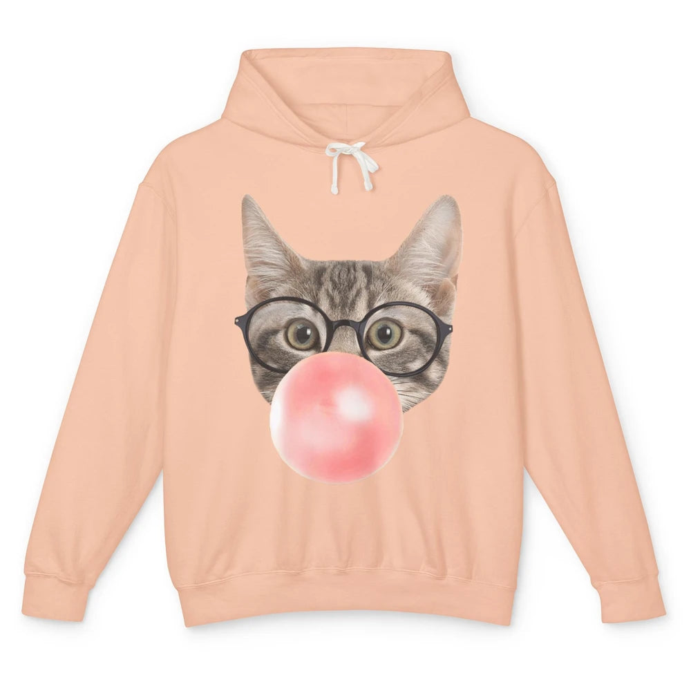 Funny Cat Blow Giant Bubble Gum Pink Glasses Sarcastic Pun Unisex Lightweight Hoodie